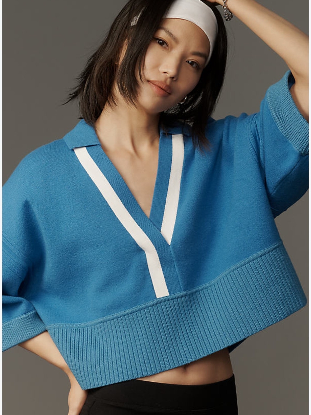 Maeve Anthropologie Compact Collared V-Neck Sweater Blue White